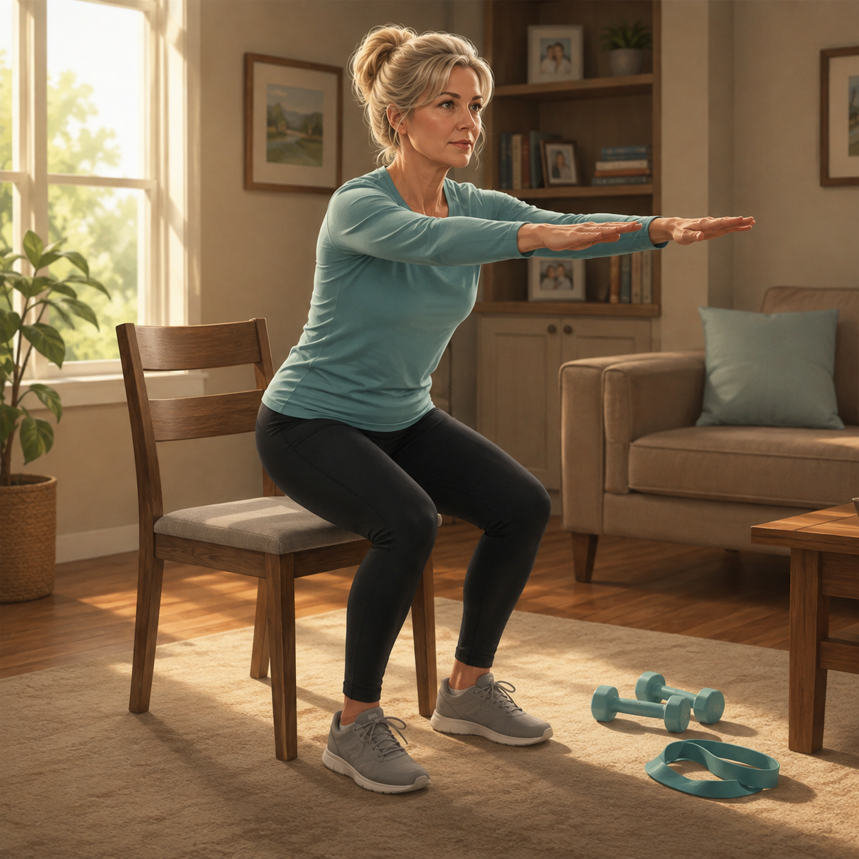 Adult in their fifties performing a controlled sit-to-stand strength exercise at home, illustrating safe resistance training with arthritis