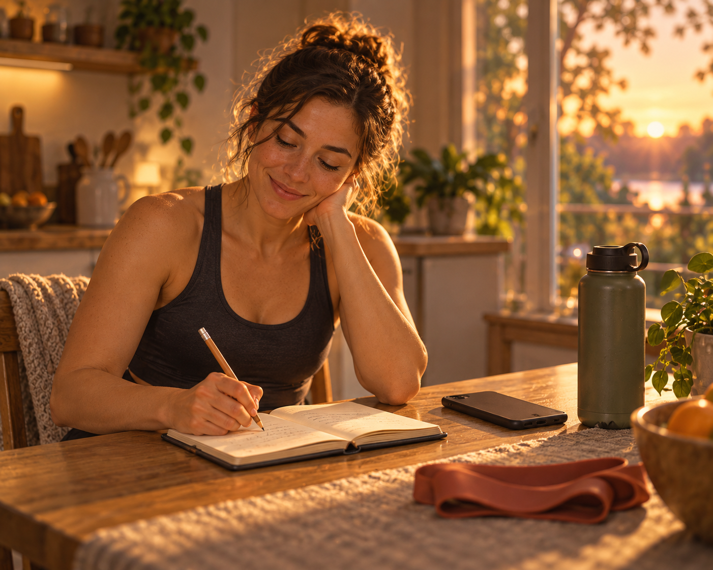 A person in workout clothes sitting calmly at a kitchen table in evening light, writing in a training notebook with their phone turned face-down beside them