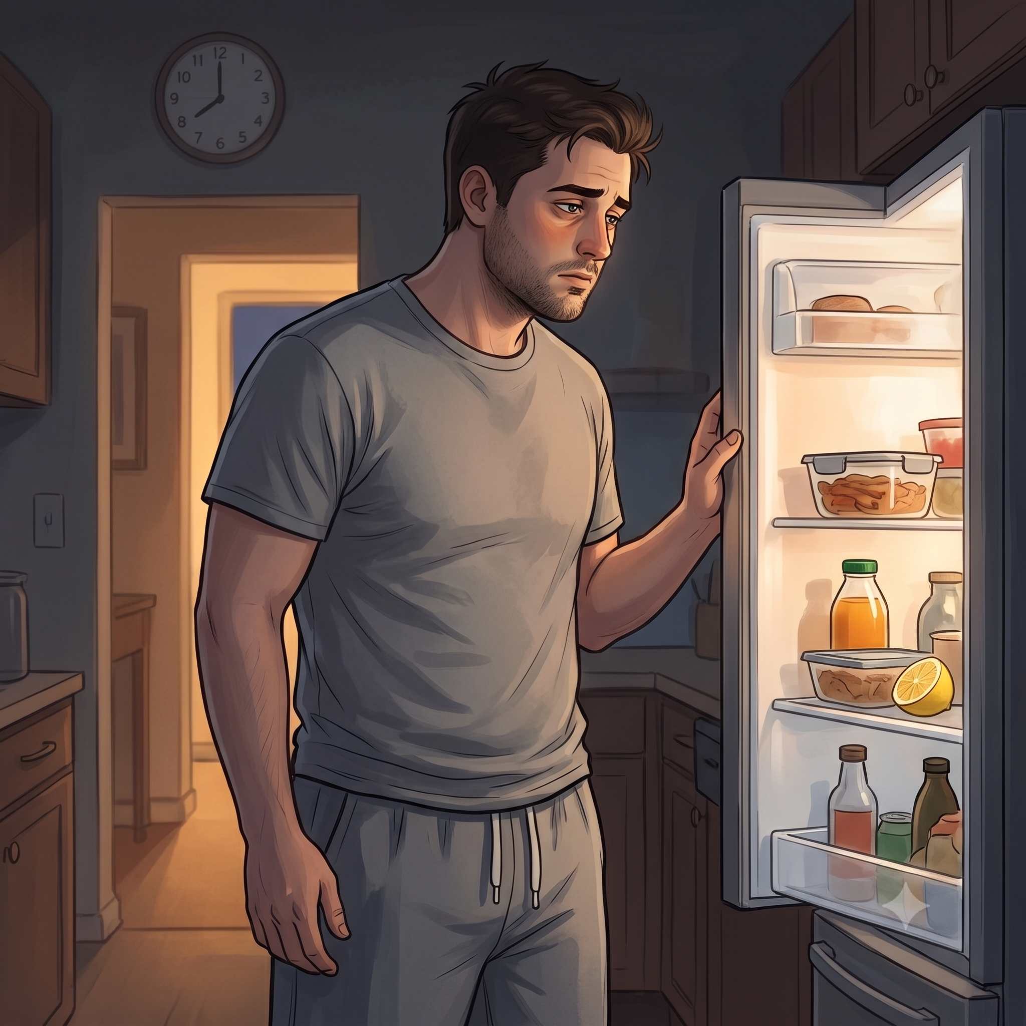 Person standing at an open fridge late at night deciding what to eat, illustrating decision fatigue and night-time cravings