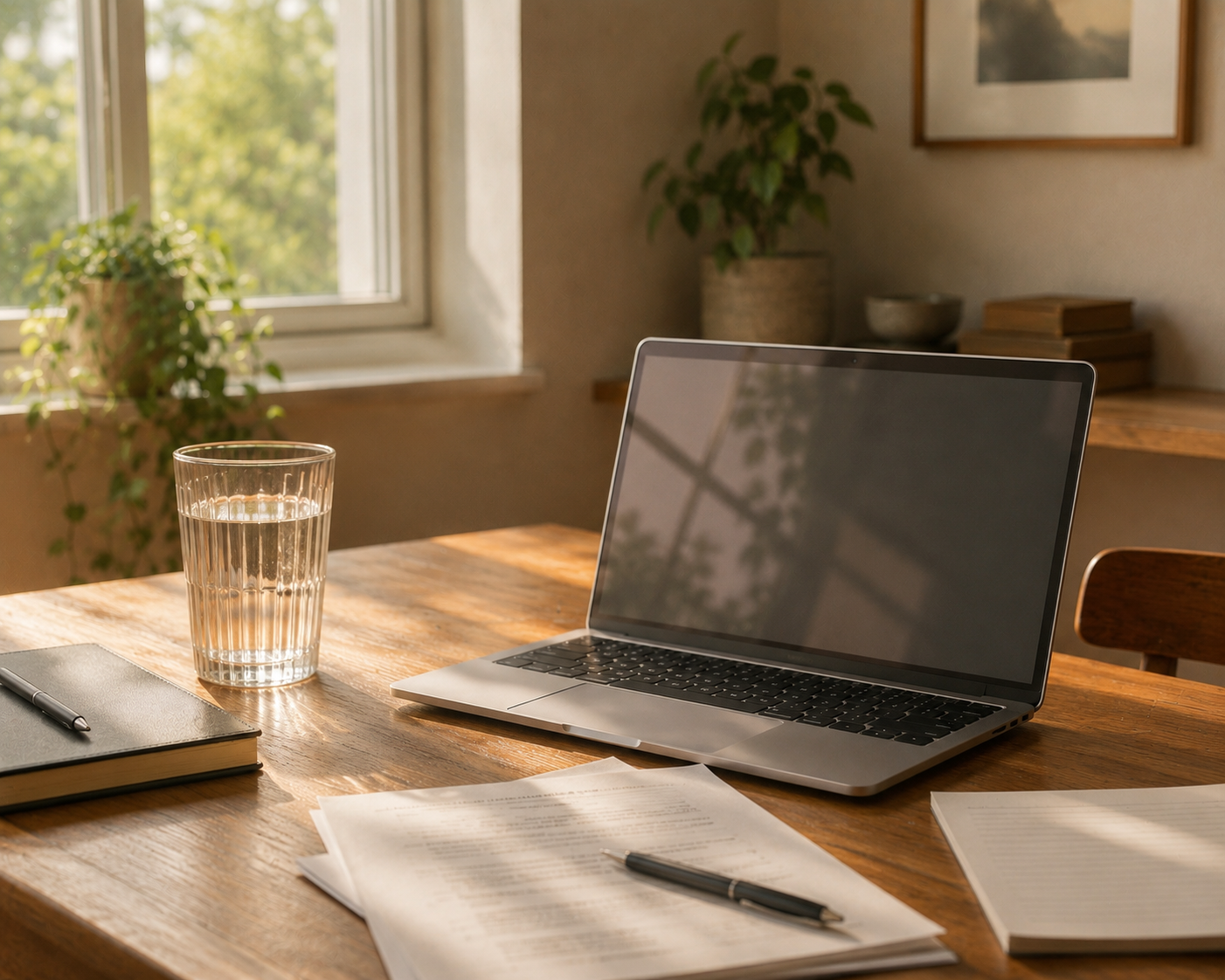 Glass of water beside a laptop on a desk in afternoon light, illustrating the link between hydration and concentration at work