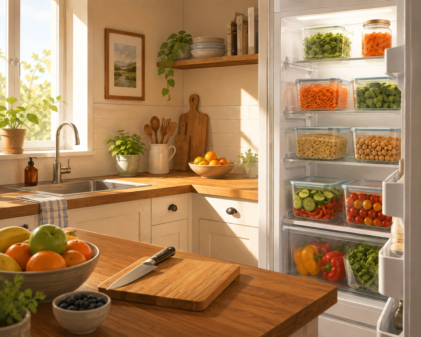 Organised kitchen counter and open fridge with prepared vegetables and glass containers at eye level, illustrating a frictionless kitchen setup for healthy eating