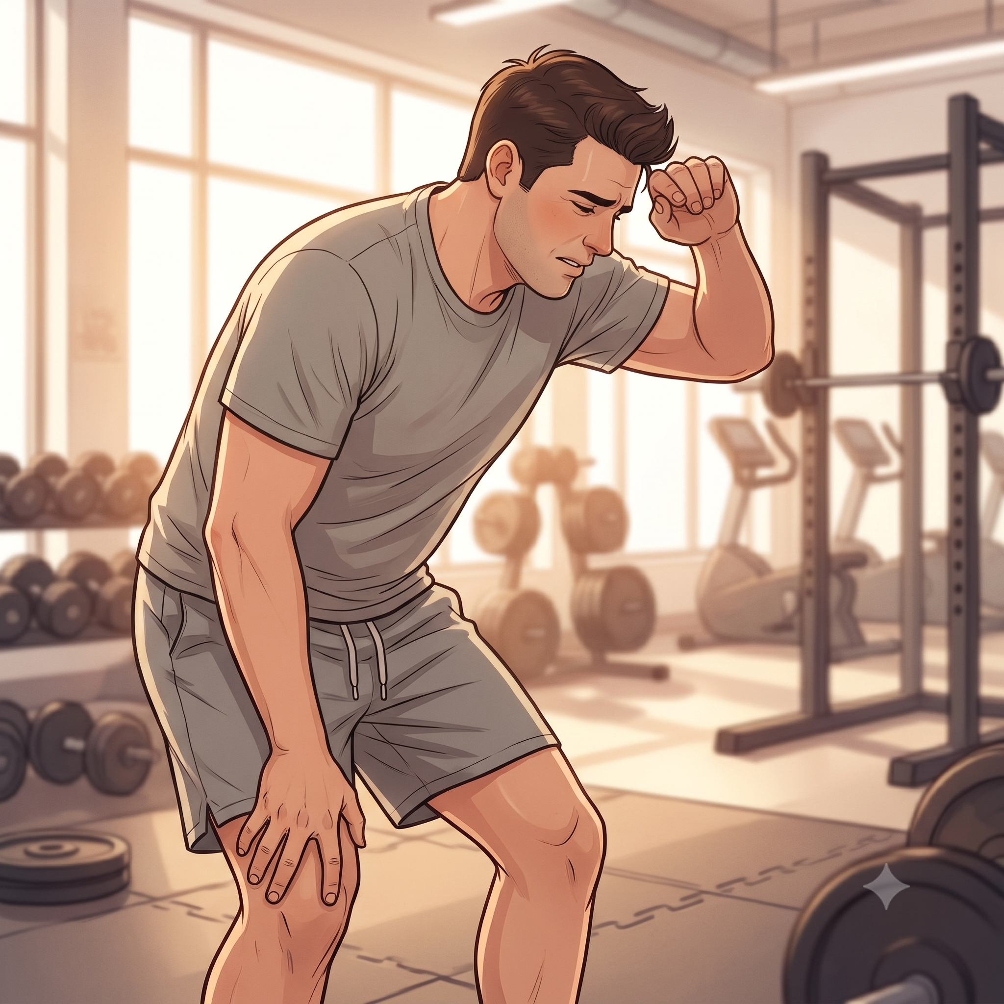A person pausing mid-workout to hold their knee, illustrating knee pain during exercise