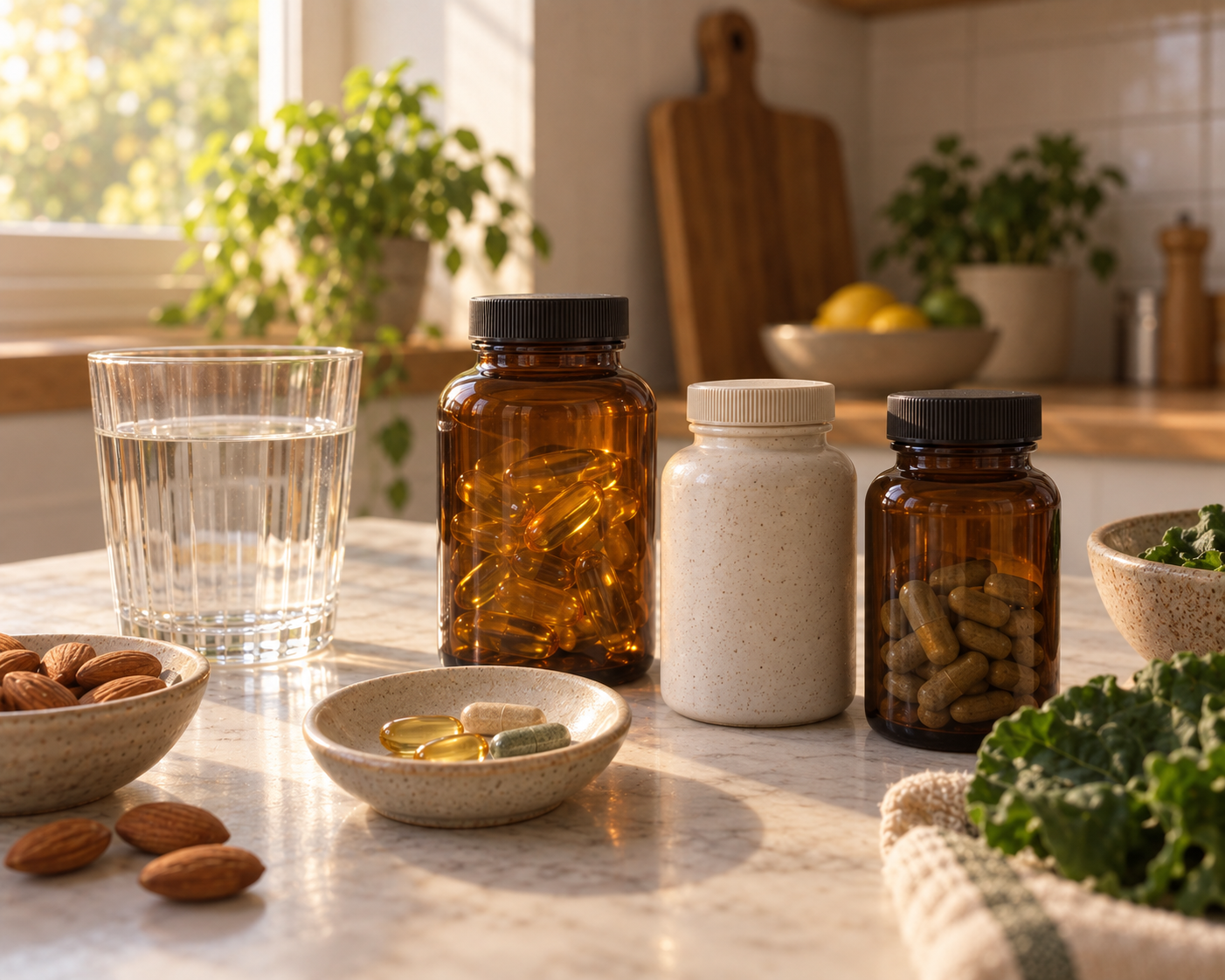 Three supplement bottles on a kitchen counter in morning light beside a glass of water, representing vitamin D3, K2 and magnesium