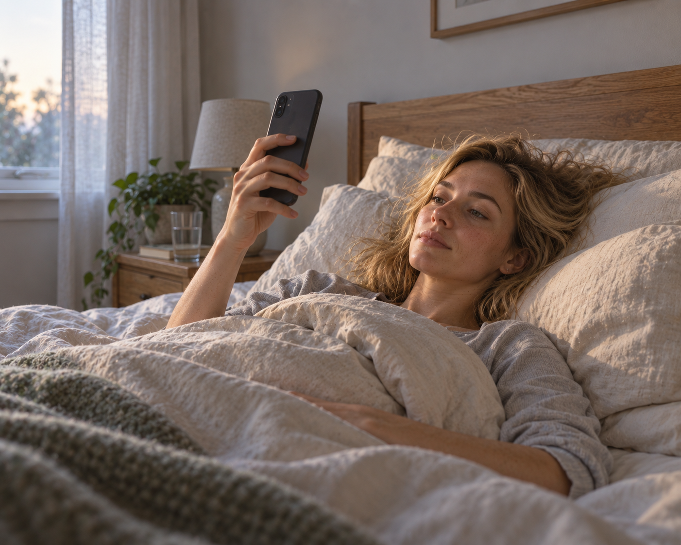 Adult lying still in bed just after waking, taking a morning heart rate variability reading on a phone in early daylight