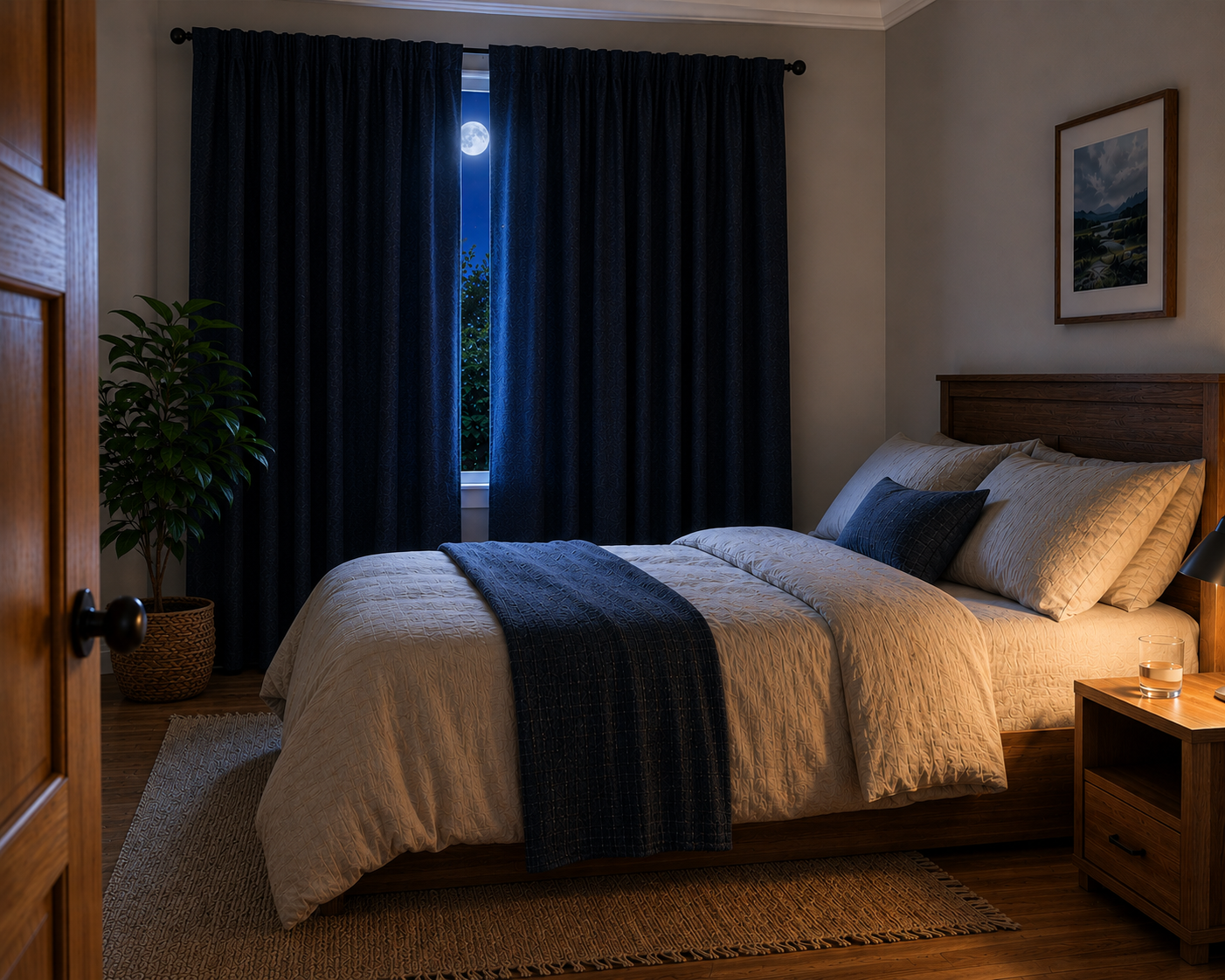 Dark, cool, uncluttered bedroom with blackout curtains and a slightly open window, illustrating an optimised sleep environment for deep sleep