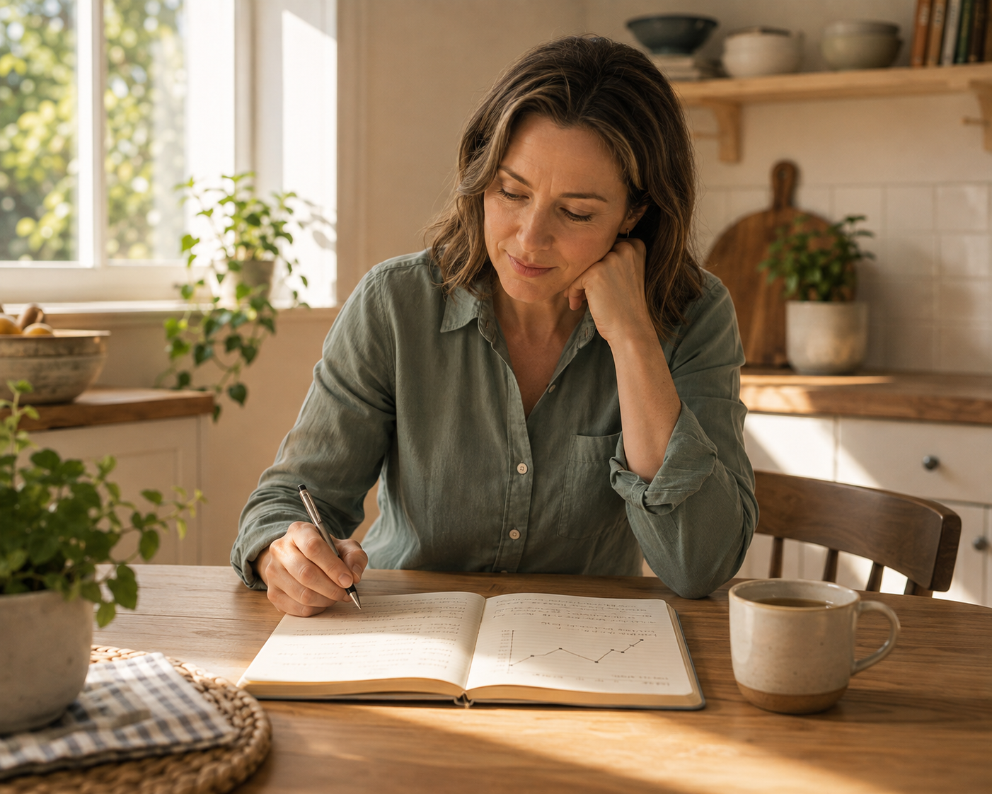 Person looking thoughtfully at a notebook of progress notes in a kitchen, representing troubleshooting a weight loss plateau calmly