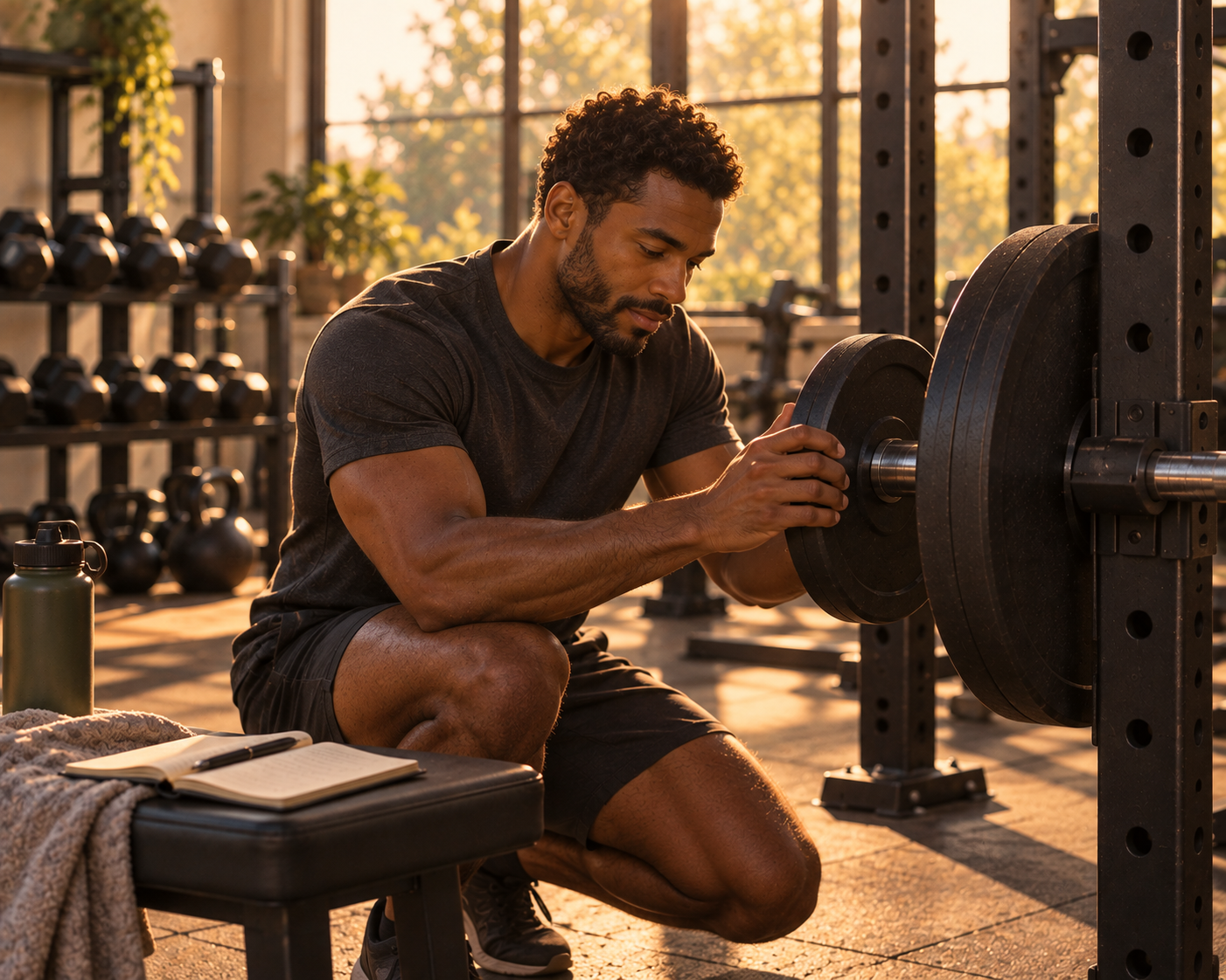 A focused person in a gym sliding a small weight plate onto a barbell, illustrating progressive overload in strength training