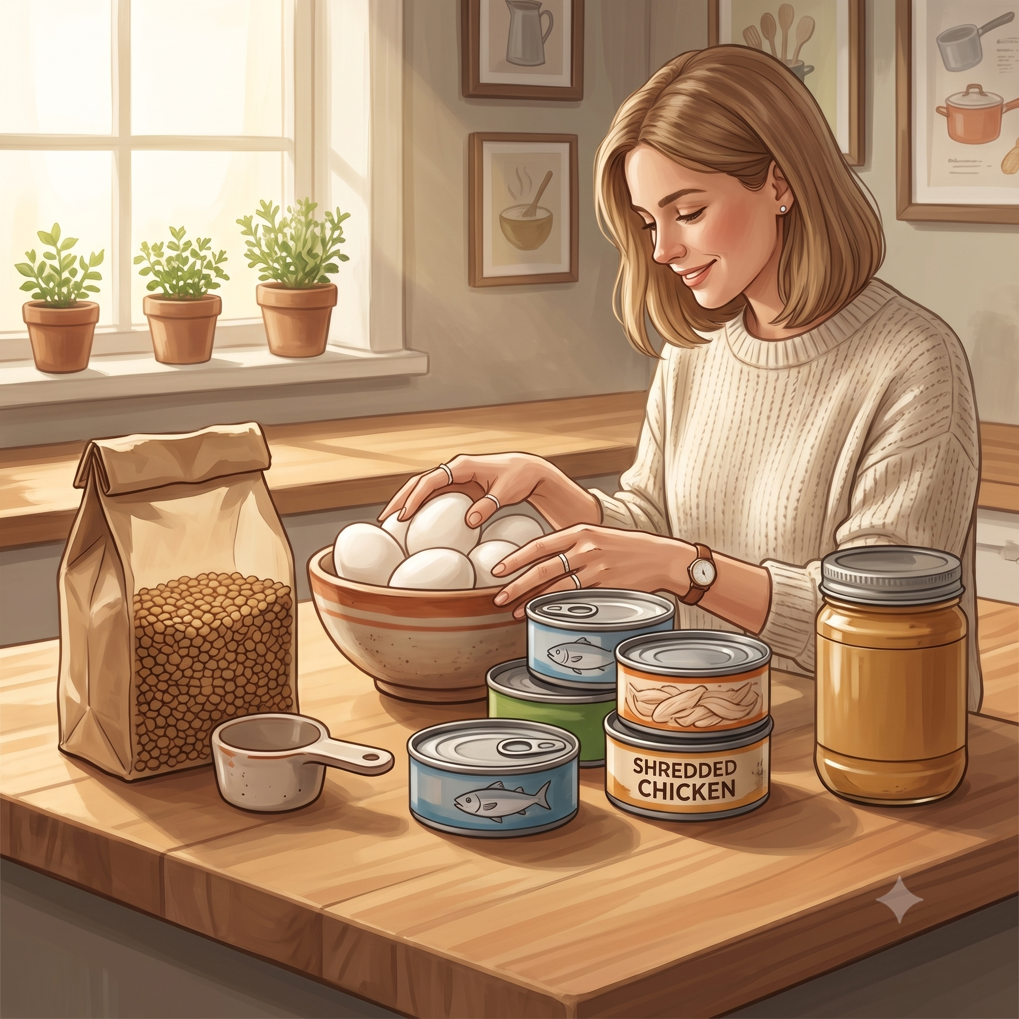 Budget-friendly high-protein pantry staples including dried lentils, eggs, canned fish and chicken, and a tub of protein powder on a kitchen counter