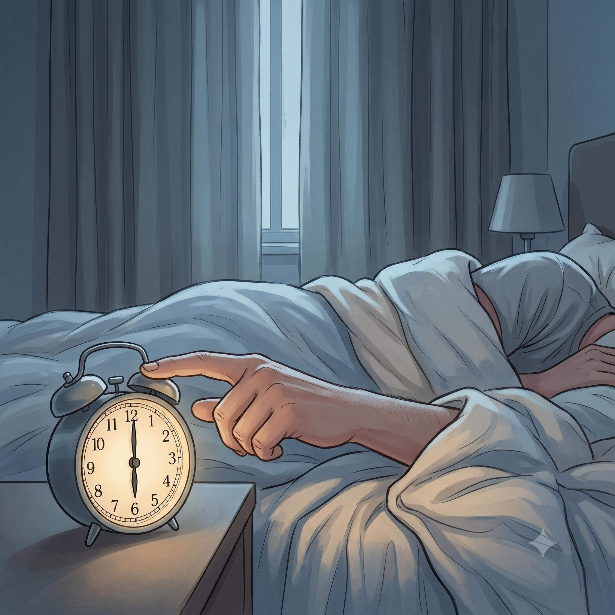 Hand reaching from under the covers to tap the snooze button on a bedside alarm clock in dim early-morning light