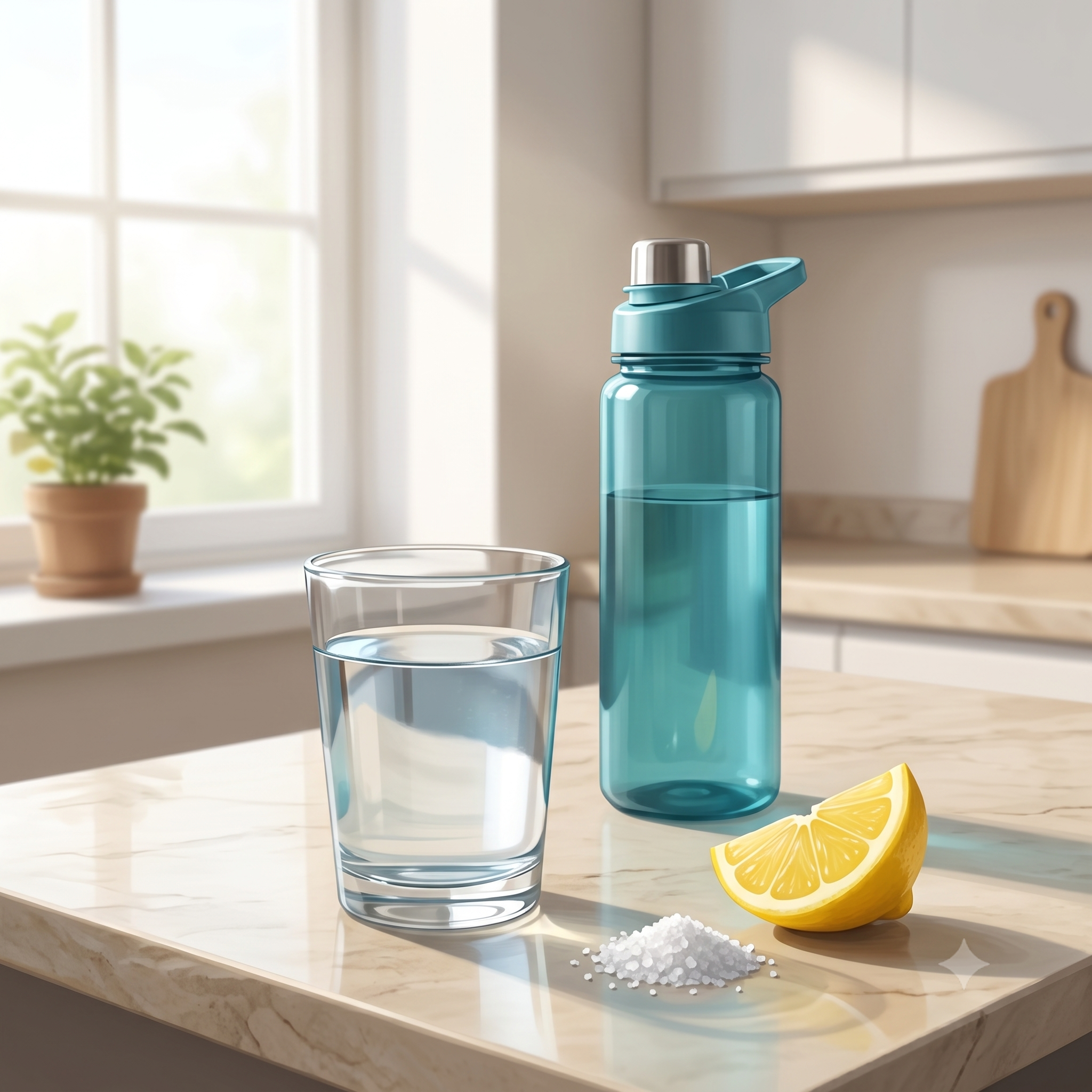 A glass of water with a pinch of salt and lemon beside a reusable water bottle, illustrating adding electrolytes for better hydration