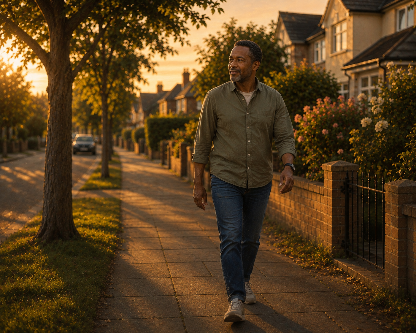 Person walking briskly outdoors after a meal, illustrating how post-meal activity helps manage blood sugar in type 2 diabetes