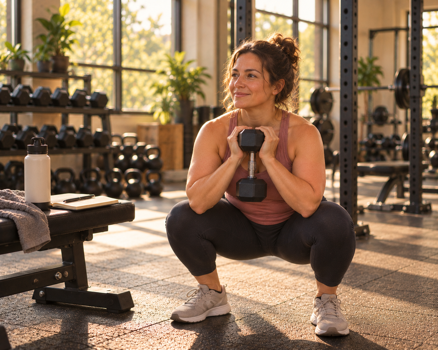 A woman in workout clothes performing a goblet squat with a dumbbell in a bright, calm gym, smiling with quiet confidence as she begins weight training