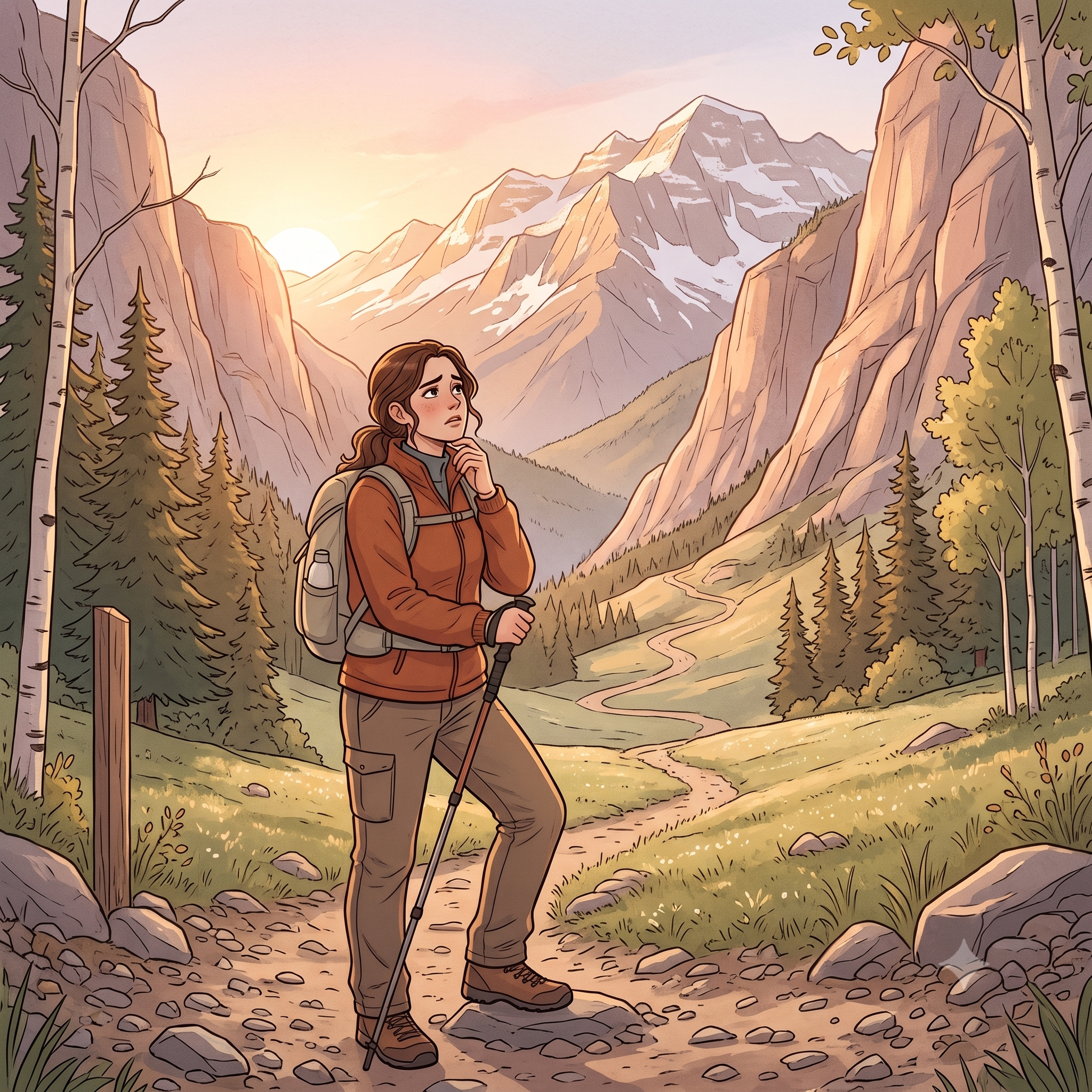 A person pausing at the foot of a mountain trail at sunrise, hesitating before the climb, symbolising self-sabotage before success