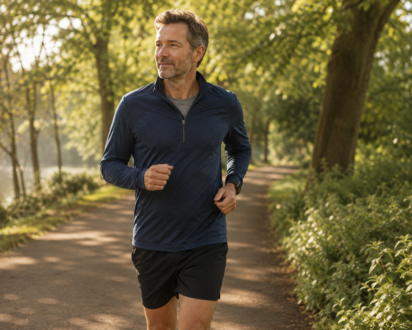 Runner jogging at an easy conversational pace along a tree-lined path, illustrating low-intensity Zone 2 aerobic training